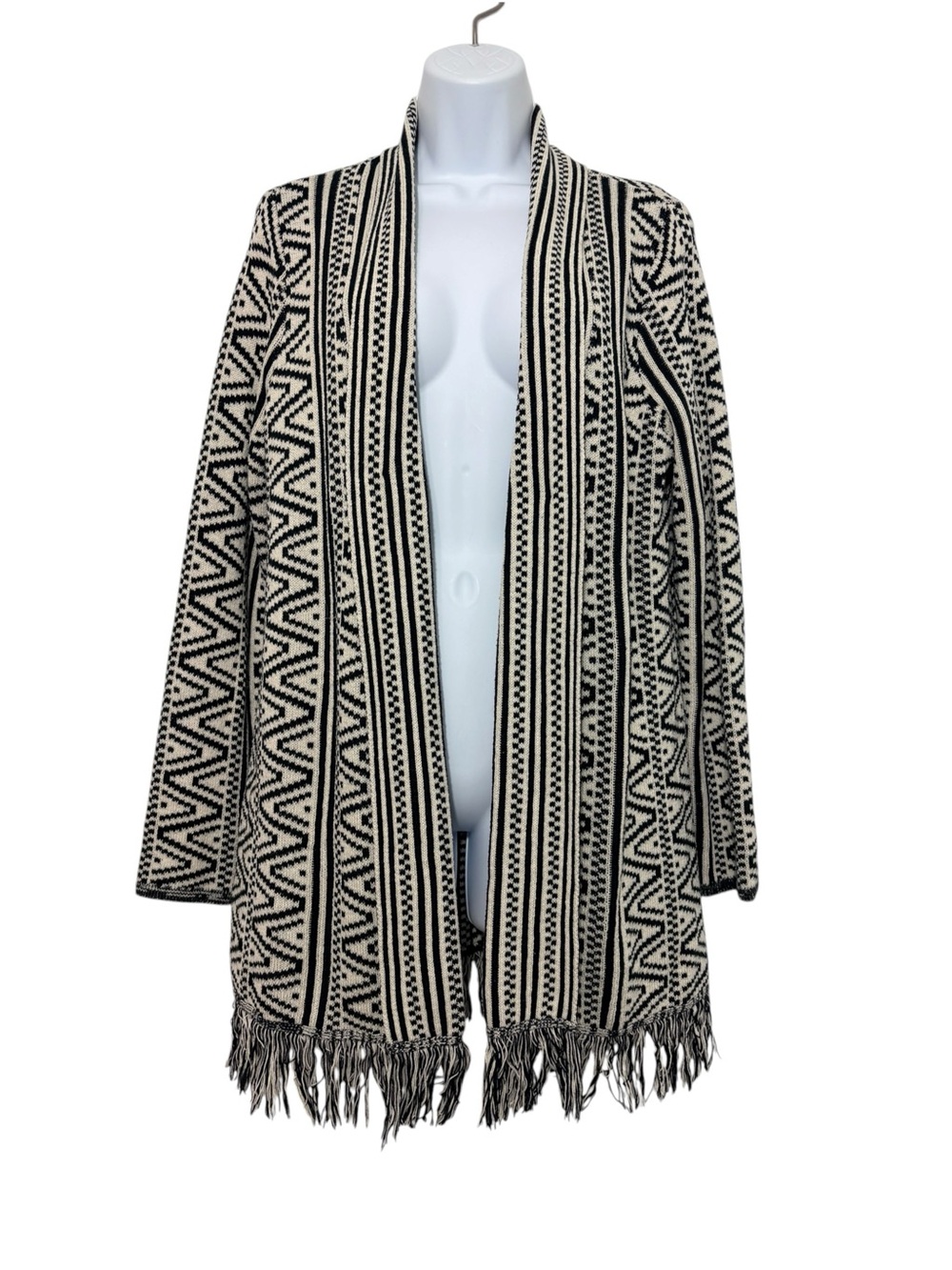 Style & Co. Black Ivory Geometric Aztec Cozy Fringe Open Front Cardigan Size M